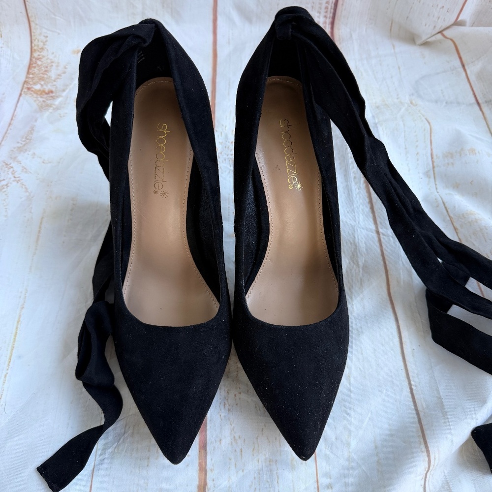Shoedazzle Black Pumps | Size 11 | Ankle Ribbon‎ Tie Heels | Elegant Dress Shoes